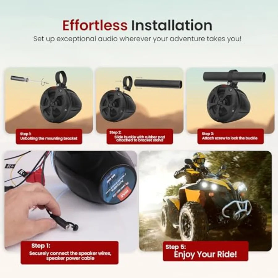 4 Off-Road Bluetooth/Waterproof Speakers with 800W Peak Power Amplified Speaker System Designed for ATV, UTV, Golf Cart, Boat and RV.