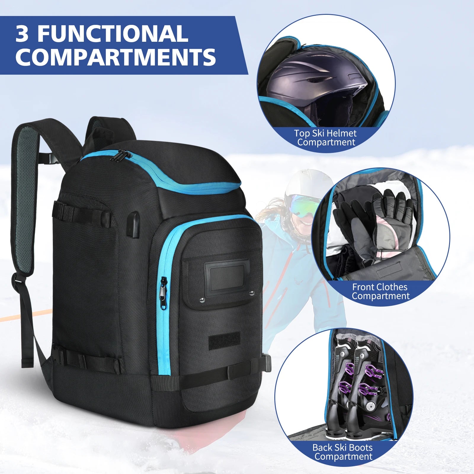 20-35L Ski Bag Waterproof Snowboard Boot Backpack Travel Luggage Gear Pack for Helmet Goggles Jacket Gloves Ski Backpack