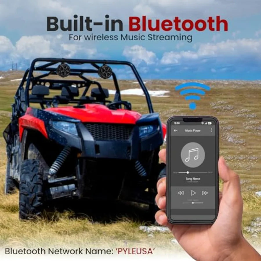 4 Off-Road Bluetooth/Waterproof Speakers with 800W Peak Power Amplified Speaker System Designed for ATV, UTV, Golf Cart, Boat and RV.