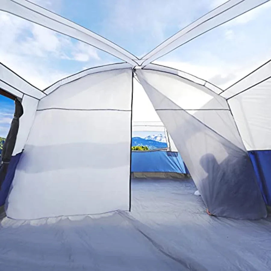 12 Person Cabin Tent 2 Room Extra Large Straight Wall Camping Tents Waterproof Windproof with Top Rainfly 6 Large Mesh Windows