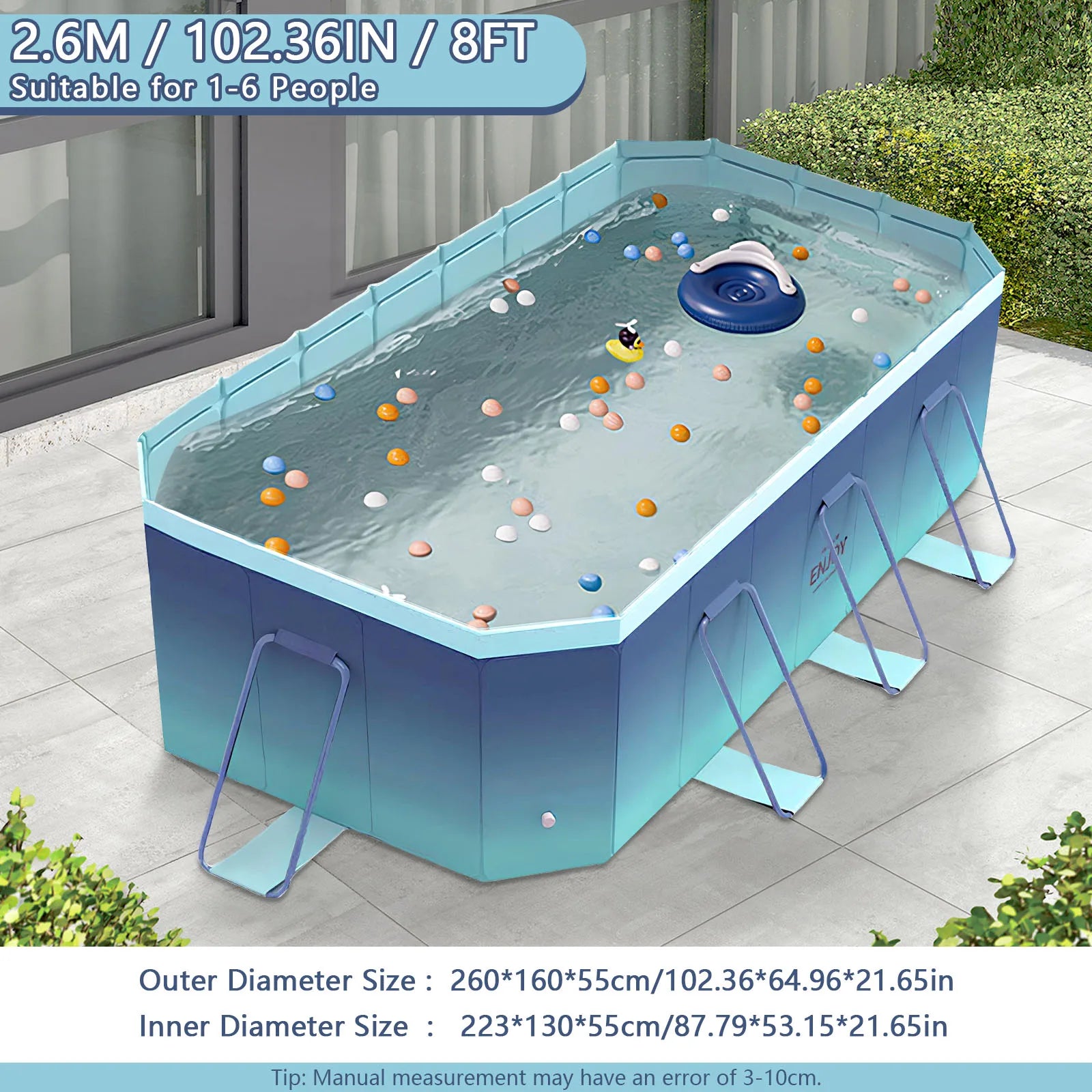 2.6/3m Foldable Large Rectangular Outdoor Family Swimming Pool, Non-Inflatable, Easy Set-up