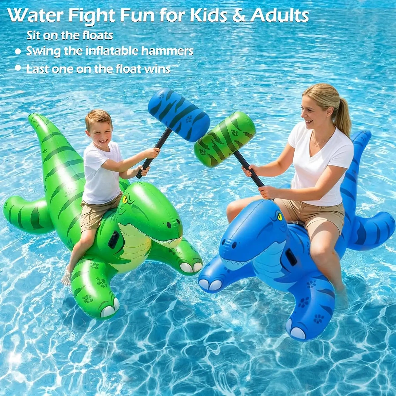 Pool Games Toys Floats -2Pack Inflatable Dinosaur Pool Floats with Blow Up Toy Hammers Ride on Pool Floaties for Kids,, Teens, Adults Lounge Raft, Summer Lake Beach Party Decorations.