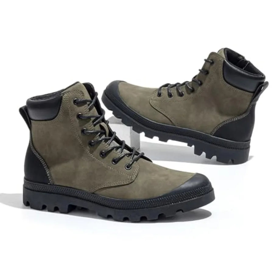 Men's Hiking Boots Rugged Leather, Combat Style Lace Up w/Side Zipper, Durable Outsole for Outdoor Trekking and Trail.