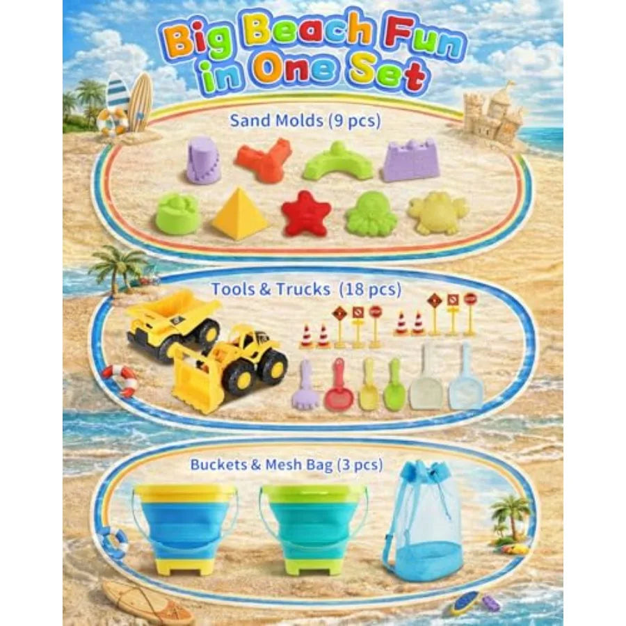 30PCS Beach Toys for Ages 3-10, All-in-One Sand Toy Set with 2 Collapsible Buckets, Mesh Bag for Easy Packing, Trucks, Sea Anim