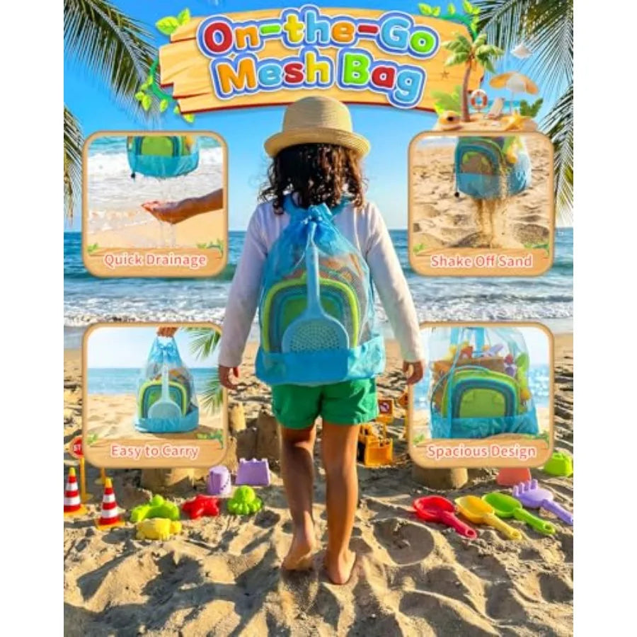 30PCS Beach Toys for Ages 3-10, All-in-One Sand Toy Set with 2 Collapsible Buckets, Mesh Bag for Easy Packing, Trucks, Sea Anim