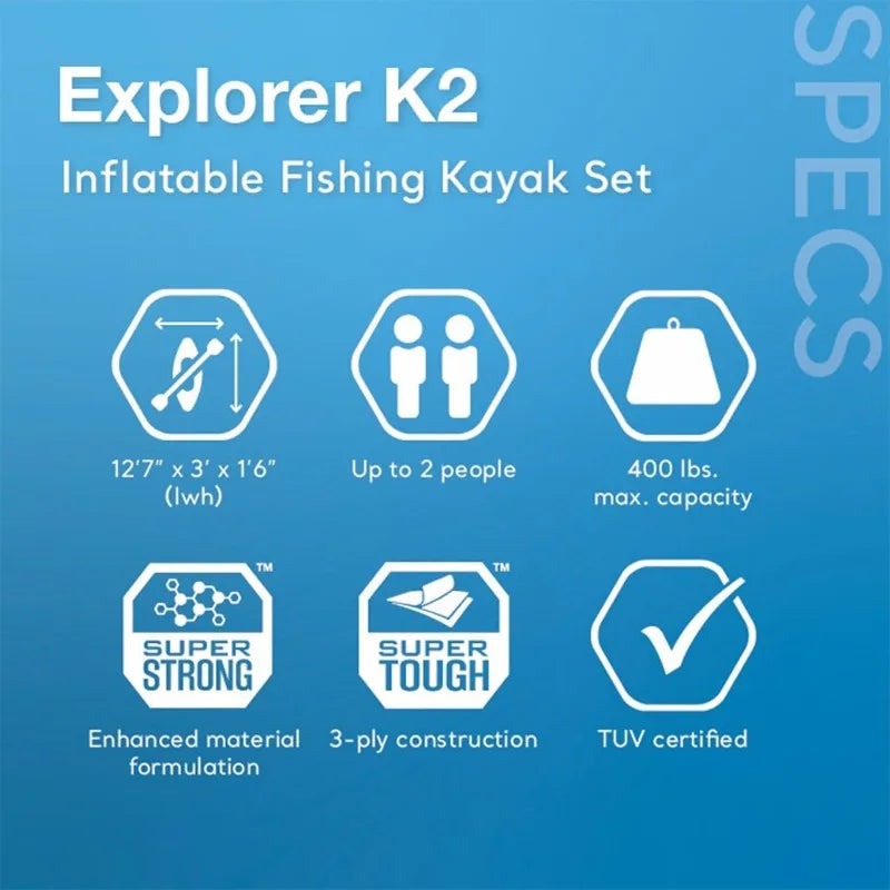 68309EP Excursion Pro K2 Inflatable Kayak Set: Includes Deluxe 86in Kayak Paddles and High-Output Pump – Super Tough PVC
