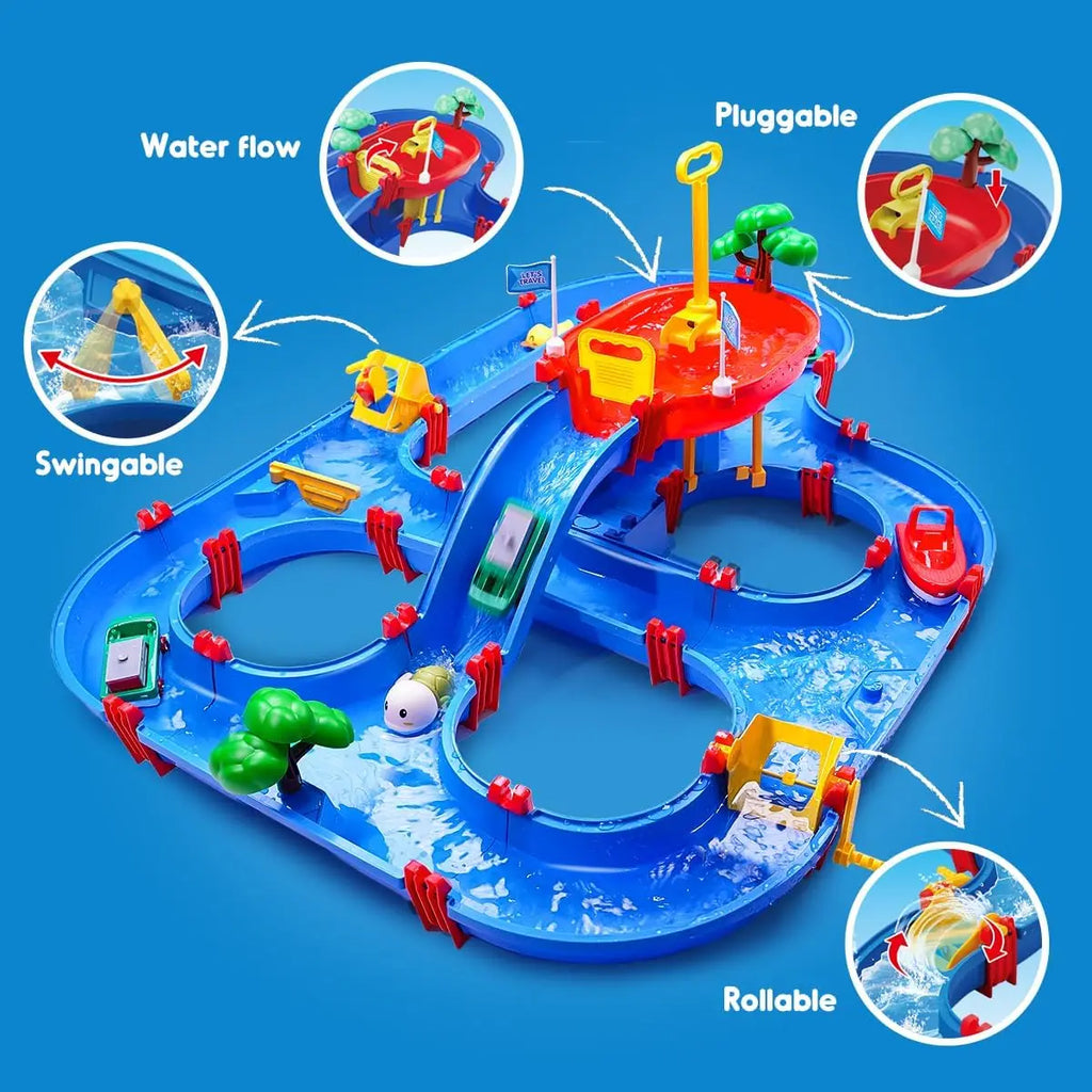 Summer Outdoor Kids Water Table 2-Tier Toddlers Water Table Playset Pool Waterway Toy with Pump Outside Activity Kids Fun