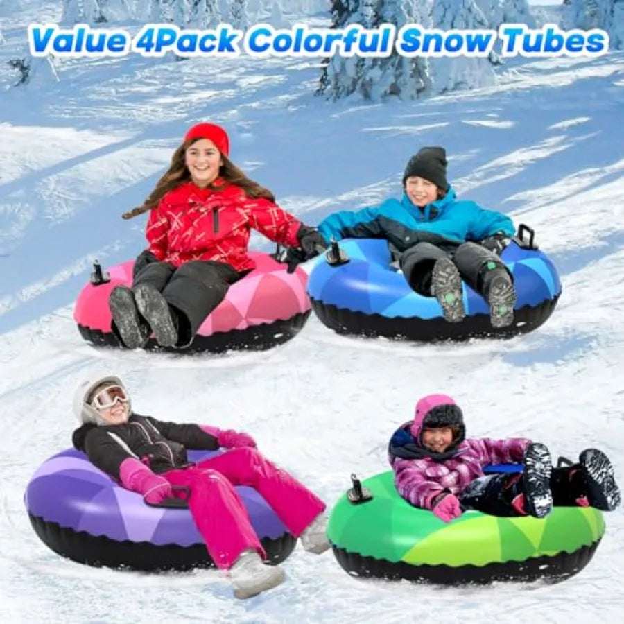 4 Pack Snow Tubes, Snow Sled for Adults, Cold-Resistant, Inflatable Snow Tube, Thickened Heavy Duty Sleds w/Handle for Winter  Sledding.