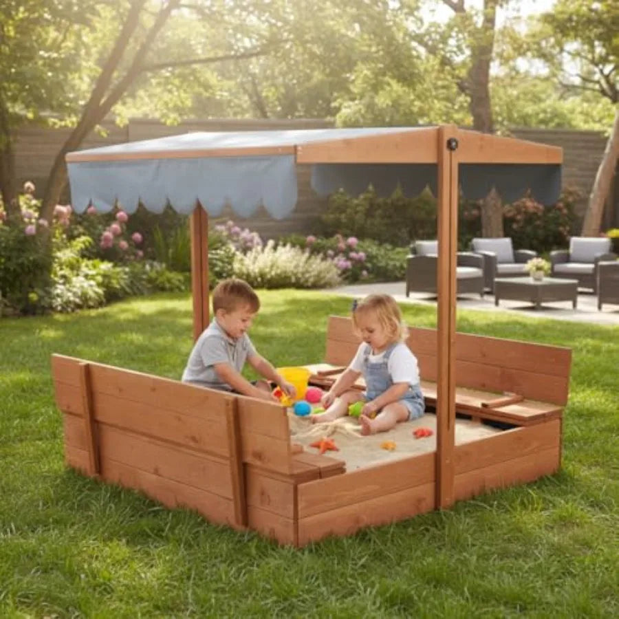Outdoor wooden sandbox with lid for kids ages 2-8 natural wood finish UV-resistant adjustable roof foldable benches bottom line