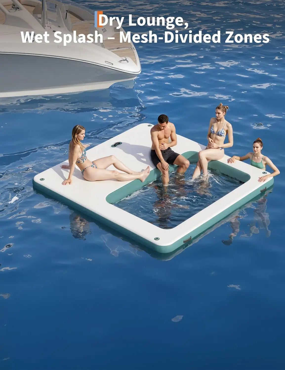 10x10FT Inflatable Floating Dock Platform w/Mesh Swim Area, Boats, Pool, Lake, Beach or Ocean