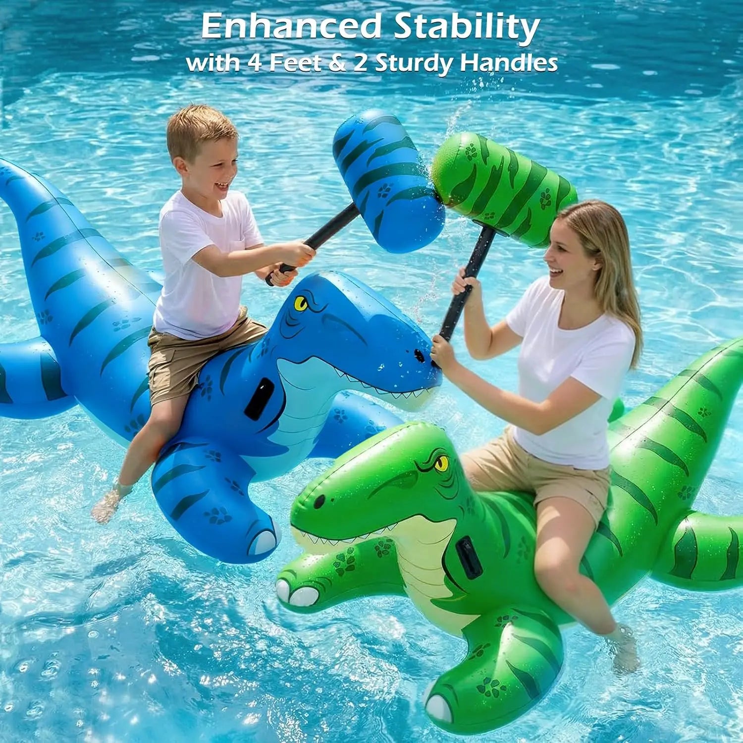 Pool Games Toys Floats -2Pack Inflatable Dinosaur Pool Floats with Blow Up Toy Hammers Ride on Pool Floaties for Kids,, Teens, Adults Lounge Raft, Summer Lake Beach Party Decorations.