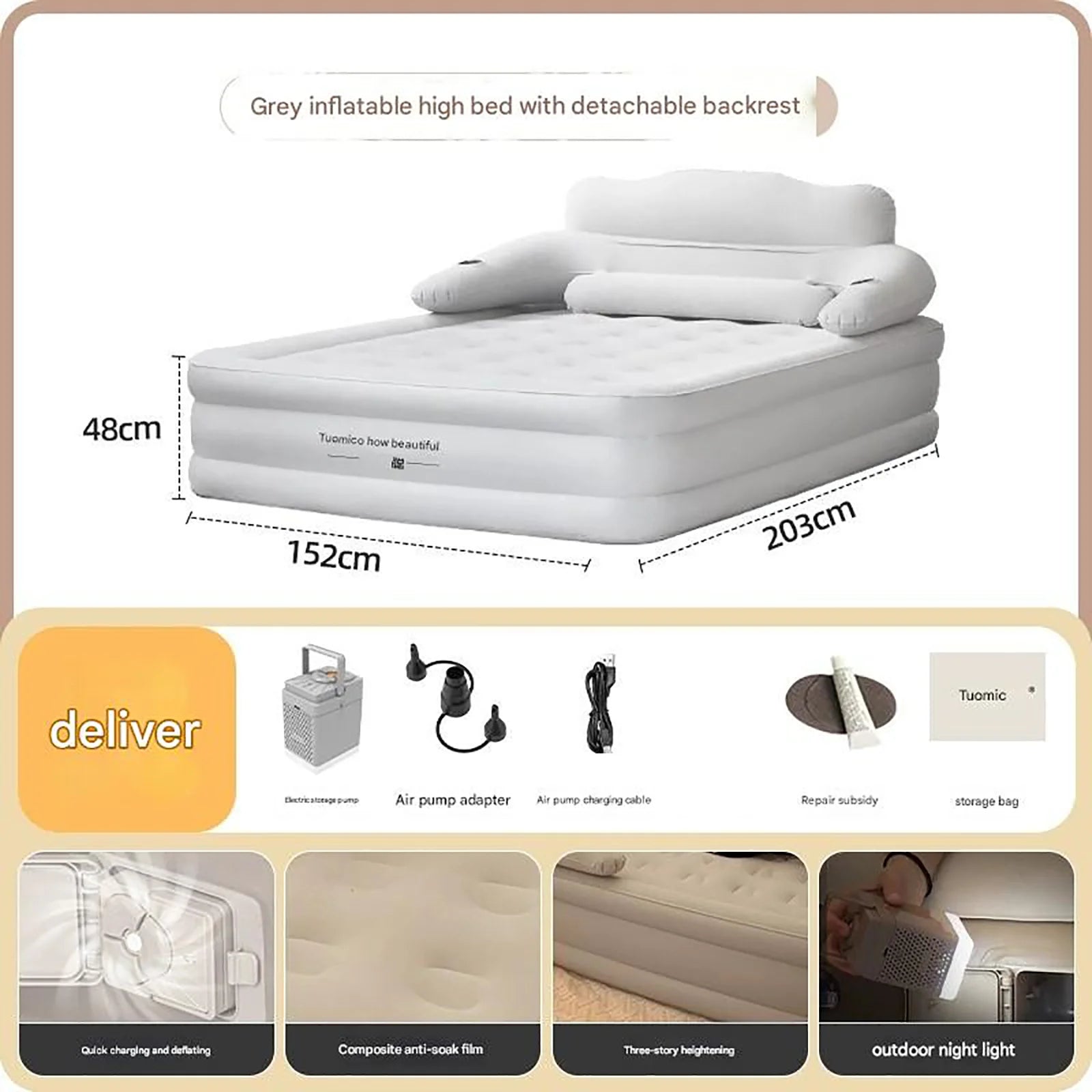 2 Person-Built-In Pump Camping Mattress, PVC Automatic Inflatable, Increased Height Thickened Indoor/Outdoor Sleeping Mat