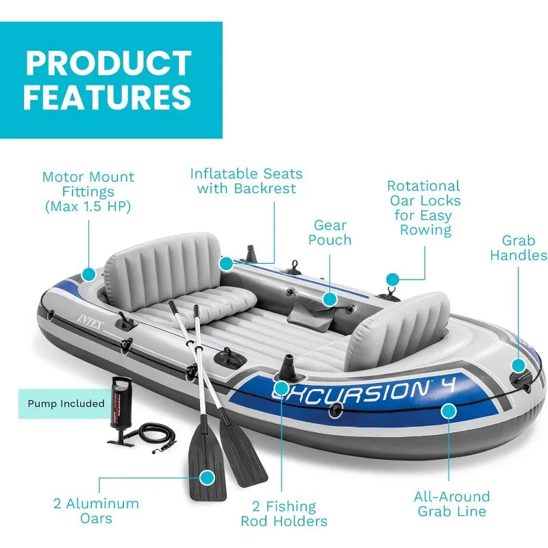 Intex 68324EP Excursion 4 Inflatable Boat Set: Includes Deluxe 54in Boat Oars and High-Output Pump – Adjustable Seats
