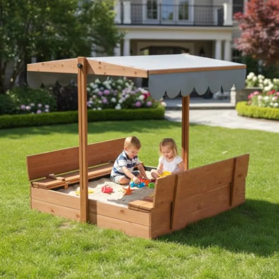 Outdoor wooden sandbox with lid for kids ages 2-8 natural wood finish UV-resistant adjustable roof foldable benches bottom line