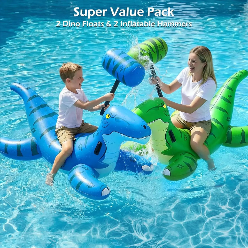 Pool Games Toys Floats -2Pack Inflatable Dinosaur Pool Floats with Blow Up Toy Hammers Ride on Pool Floaties for Kids,, Teens, Adults Lounge Raft, Summer Lake Beach Party Decorations.