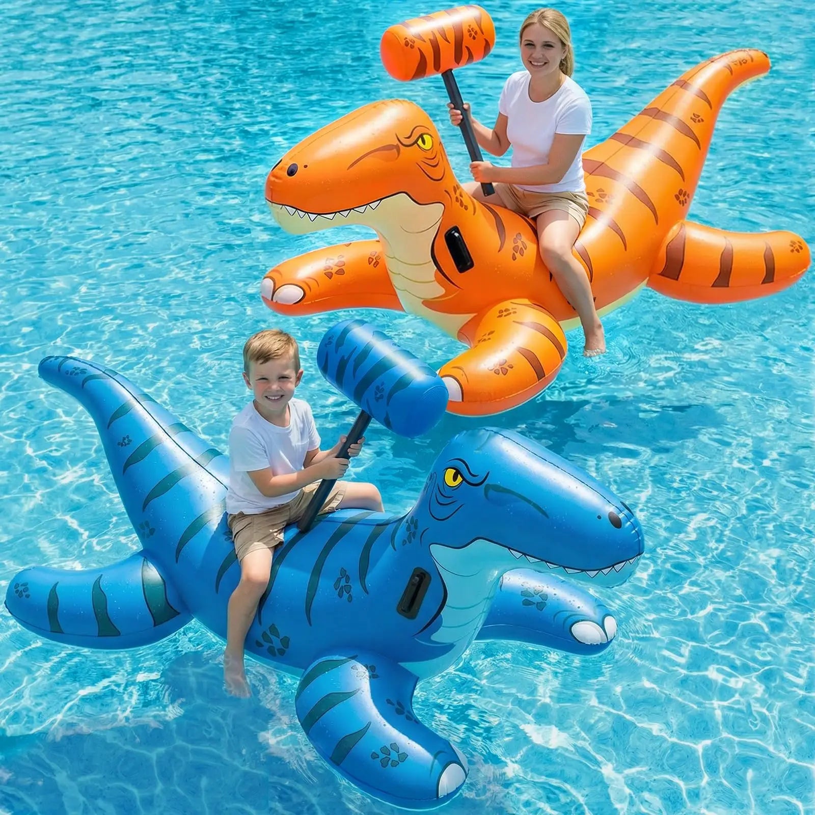 Pool Games Toys Floats -2Pack Inflatable Dinosaur Pool Floats with Blow Up Toy Hammers Ride on Pool Floaties for Kids,, Teens, Adults Lounge Raft, Summer Lake Beach Party Decorations.