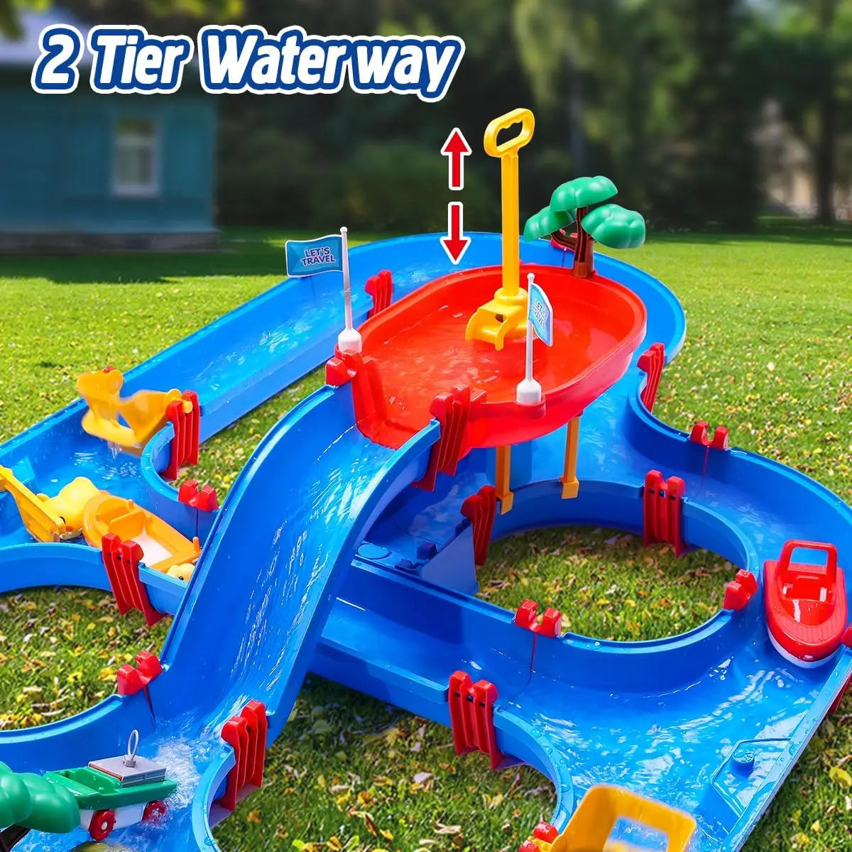 Summer Outdoor Kids Water Table 2-Tier Toddlers Water Table Playset Pool Waterway Toy with Pump Outside Activity Kids Fun