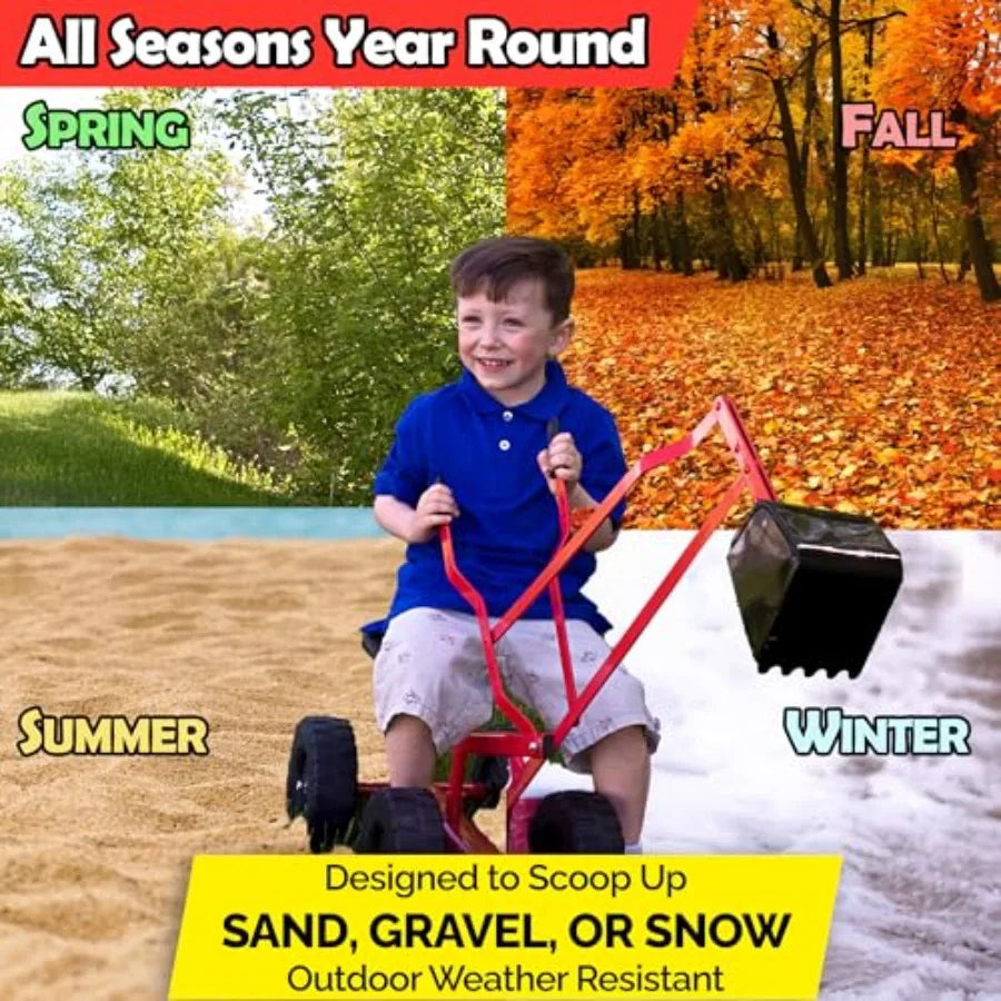 Beach and sandbox digging toy for kids: metal sand digger with 360 rotation ride-on excavator backhoe in yellow durable outdoor