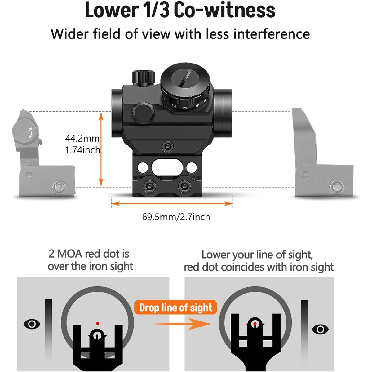 2MOA Red Dot Sight 1x25mm Reflex Sight Waterproof, Shockproof & Fog-Proof Red Dot Scope w/1 inch Riser Mount